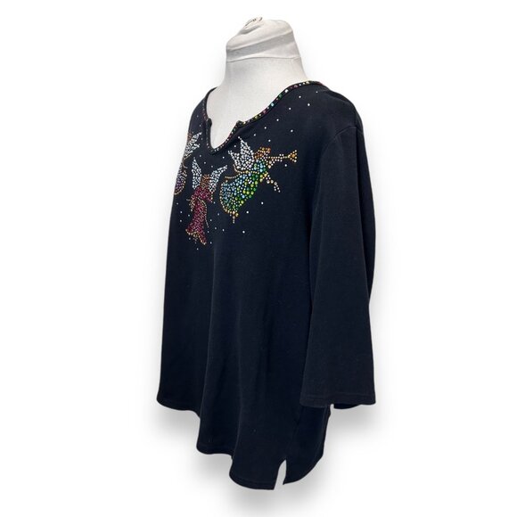 Quacker Factory Womens Angel Studded 3/4 Sleeve Top Cotton Holiday Shirt Blck 2X - Picture 4 of 10